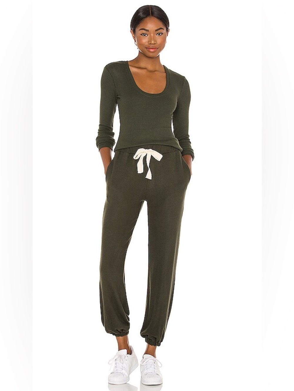 Lovers + Friends Olive Ribbed Knit Loungewear Set